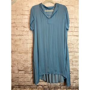 Ruti Oversized Dress Womens Small Slate Blue Satin Midi Pockets Flowy Poplin